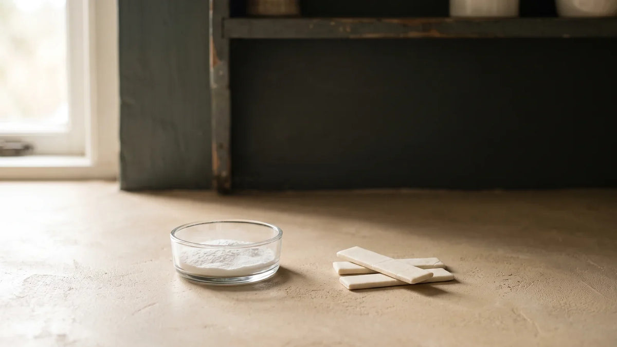 Coupelle d'acésulfame K en poudre à côté de tablettes de chewing-gum déballées