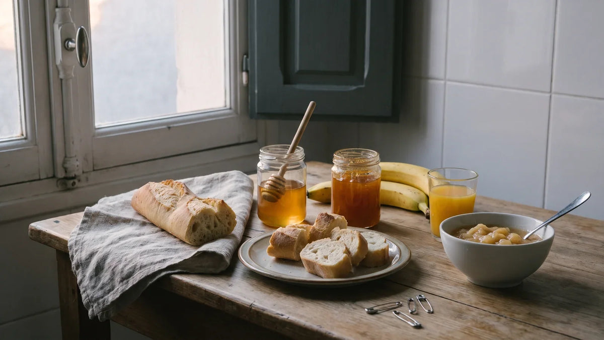 Petit déjeuner sur une table de cuisine à l'aube : baguette, miel, confiture, bananes, jus d'orange, compote de pomme et épingles à nourrice