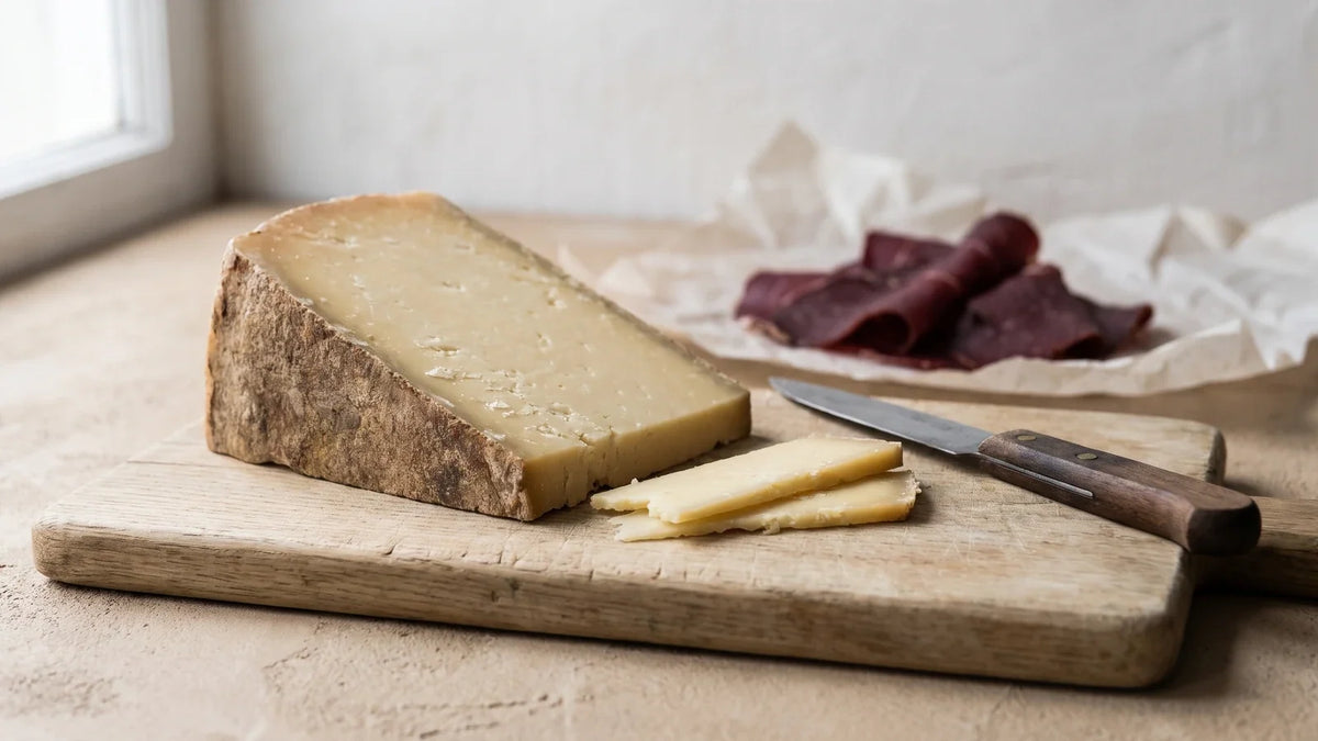 Morceau de fromage à pâte dure entamé sur une planche en bois, à côté de fines tranches de viande séchée