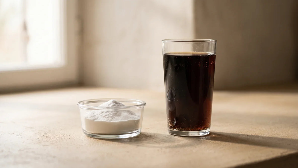 Coupelle de poudre blanche à côté d'un verre de boisson gazeuse brune