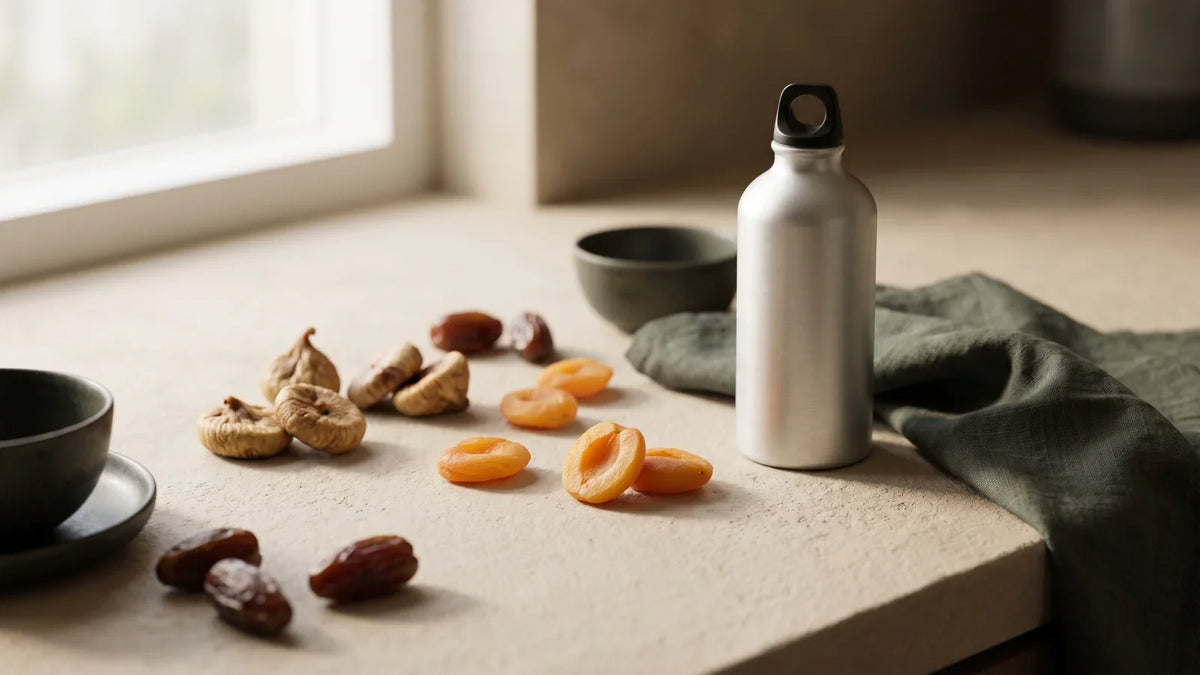 Des figues sèches, des dattes et des oreillons d'abricot moelleux étalés sur un plan de travail clair, à côté d'une gourde en aluminium mate sans marque.