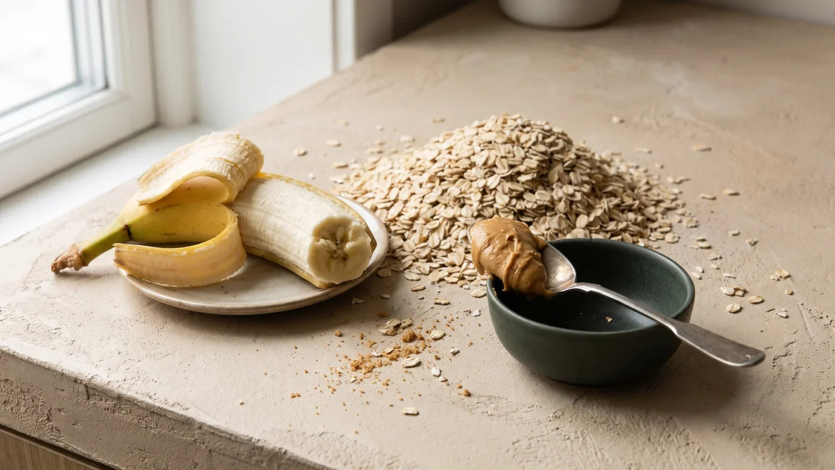 Un tas de flocons d'avoine, une banane entamée dans une petite assiette et une cuillère de purée de cacahuète posée sur un bol vert foncé.