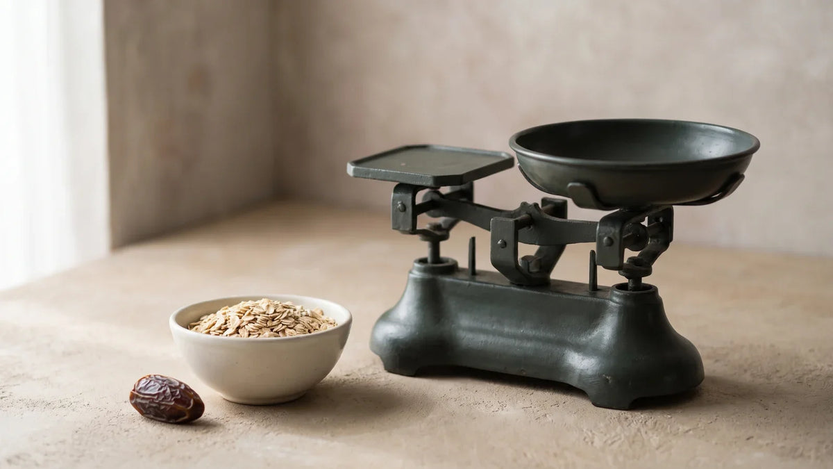 Une balance de cuisine mécanique en fonte verte, un petit bol blanc de flocons d'avoine et une datte posée à côté.
