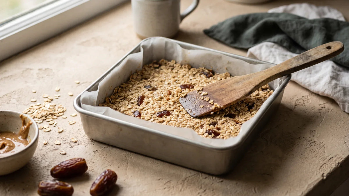 Un moule métallique carré tapissé de papier cuisson, rempli d'un mélange de flocons d'avoine et de morceaux de dattes tassé à la spatule en bois, à côté d'un bol de purée d'oléagineux et de dattes entières.