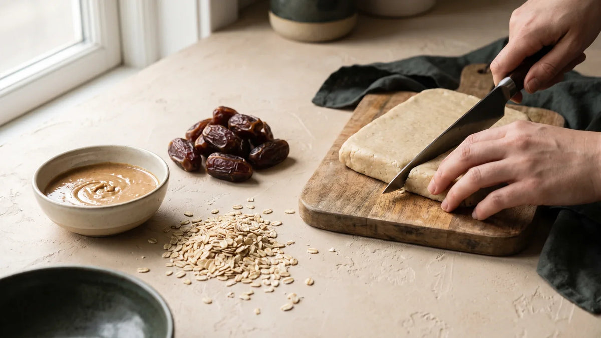 Deux mains découpent au couteau un rectangle dans une plaque de pâte crue posée sur une planche en bois, à côté de flocons d'avoine, de dattes et d'un bol de purée d'oléagineux.