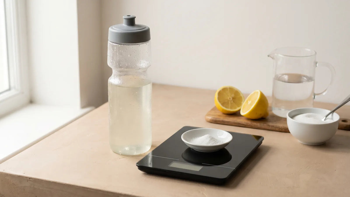Gourde transparente remplie d'une boisson claire, balance de cuisine portant une coupelle de sel, citron coupé et bol de sucre