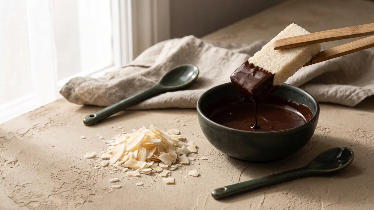 Une barre de noix de coco tenue par une pince en bambou et trempée dans un bol de chocolat noir fondu, à côté d'un tas de copeaux de noix de coco et de deux cuillères vertes.