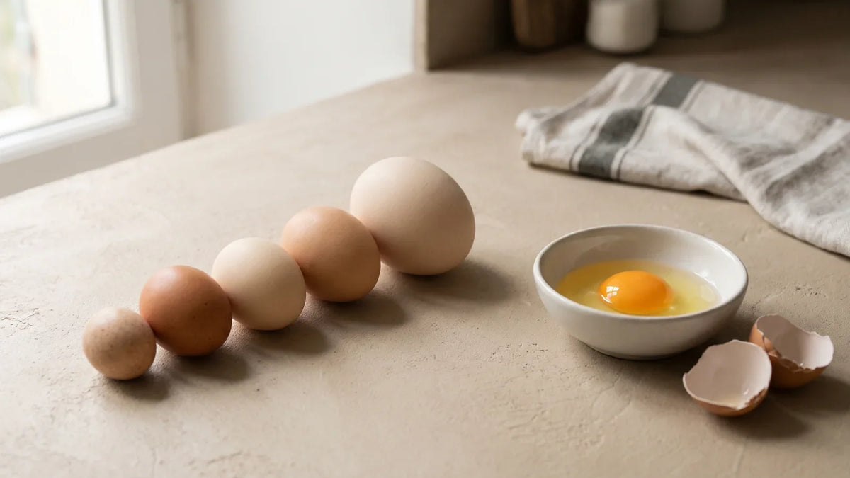 Œufs de poule de tailles différentes sur un plan de travail, l'un cassé dans un bol avec son blanc et son jaune
