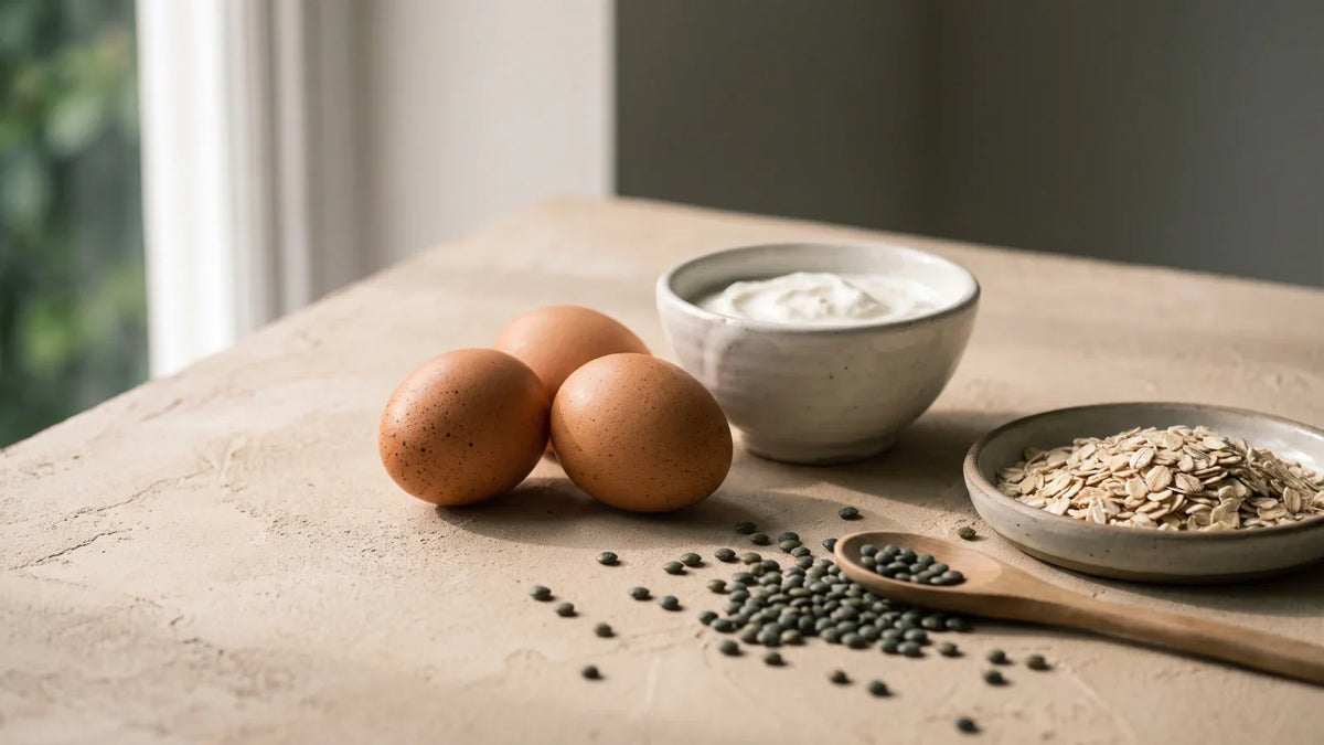 Trois œufs bruns, un bol en grès rempli de fromage blanc, une coupelle de flocons d'avoine, des lentilles vertes sèches éparpillées et une cuillère en bois, sur un plan de travail en plâtre sable éclairé par une fenêtre à gauche.