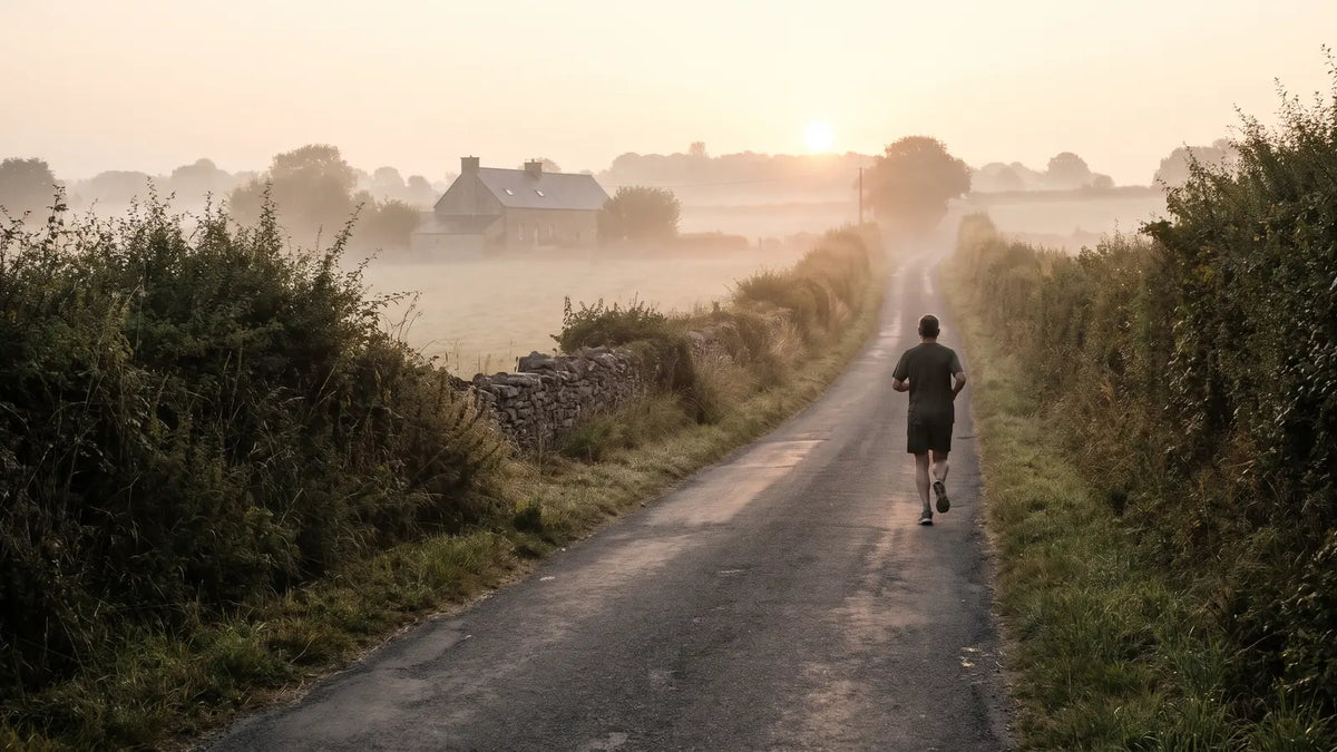 Coureur seul sur une petite route de campagne au lever du jour, à allure tranquille