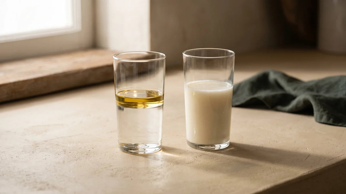 Deux verres côte à côte, l'un avec huile et eau séparées, l'autre avec le mélange émulsionné opaque