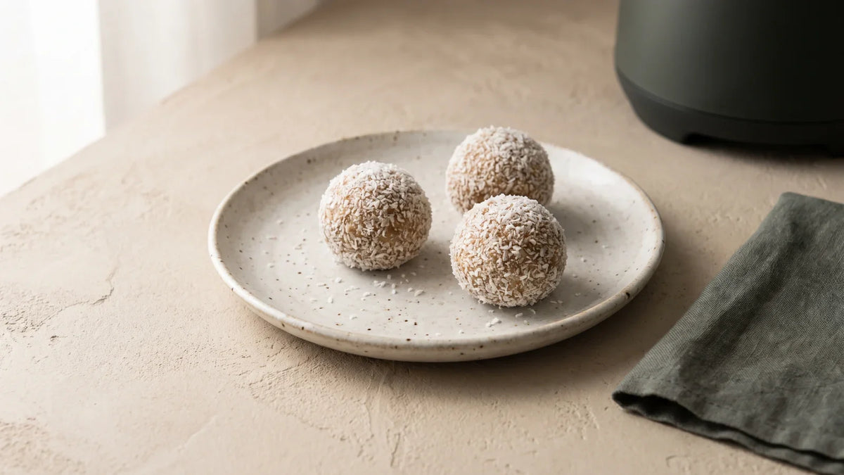 Trois boules roulées dans la noix de coco râpée, posées sur une assiette en grès mouchetée à côté d'un torchon vert.