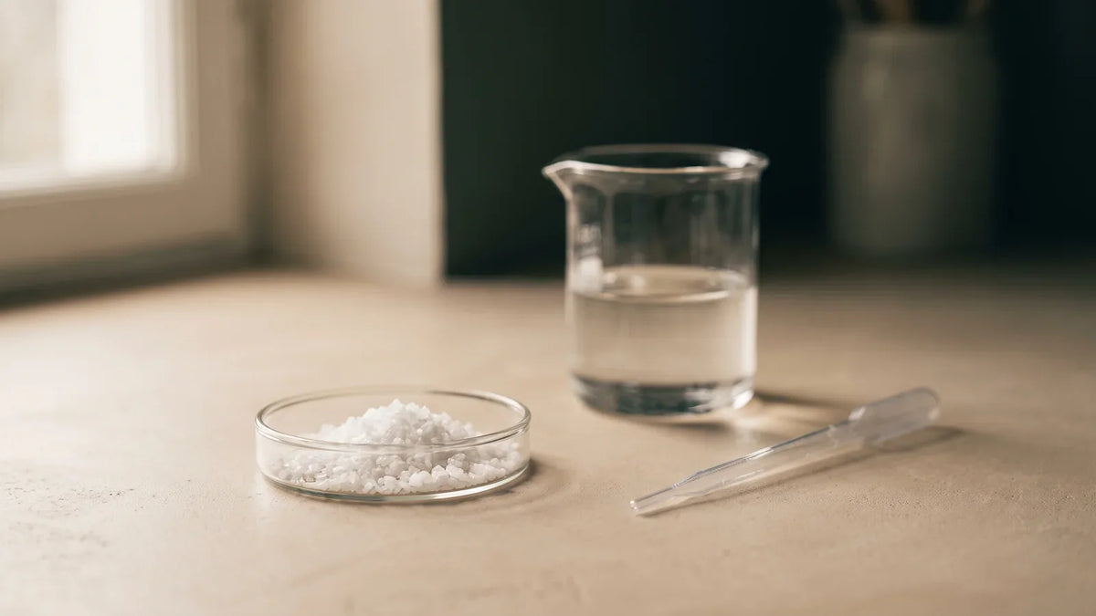 Coupelle de cristaux d'érythritol, bécher de laboratoire et pipette en verre