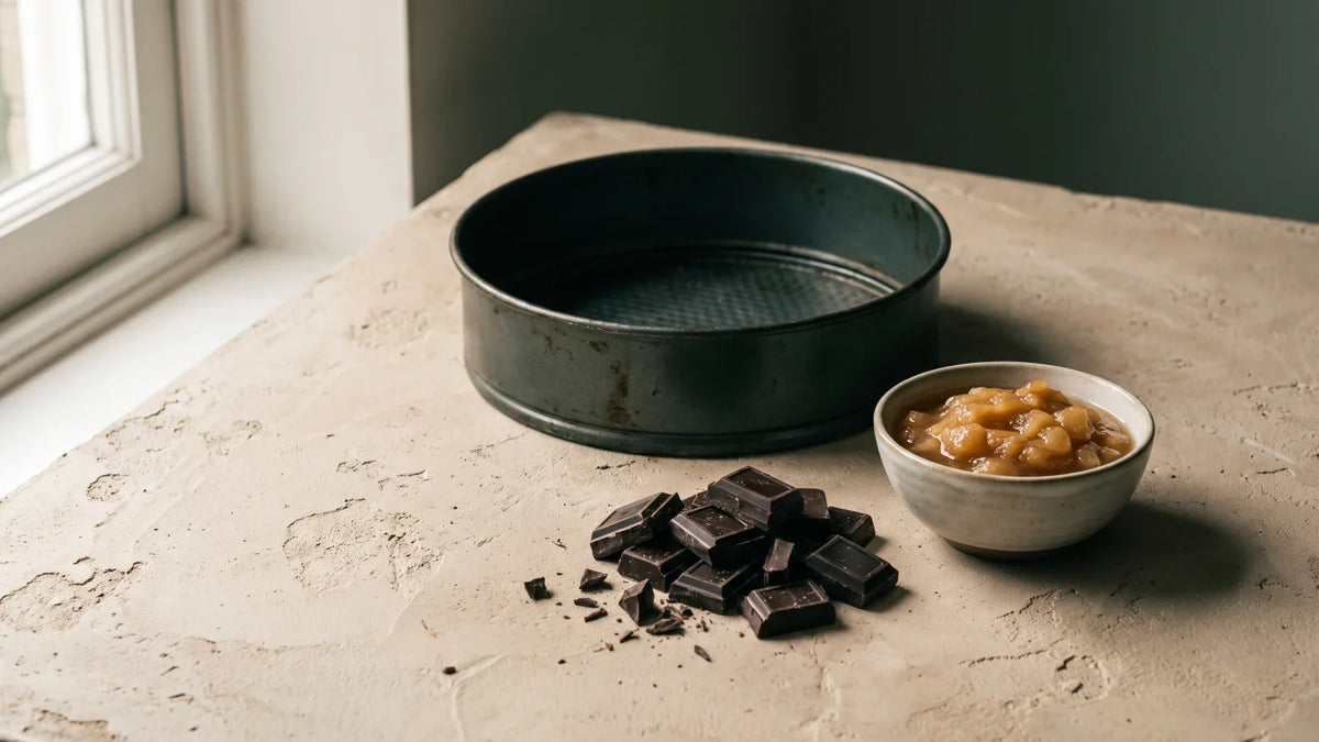 Un moule à gâteau rond en métal foncé, des carrés de chocolat noir cassés en morceaux et un bol de compote de pommes posés sur un plan de travail clair.