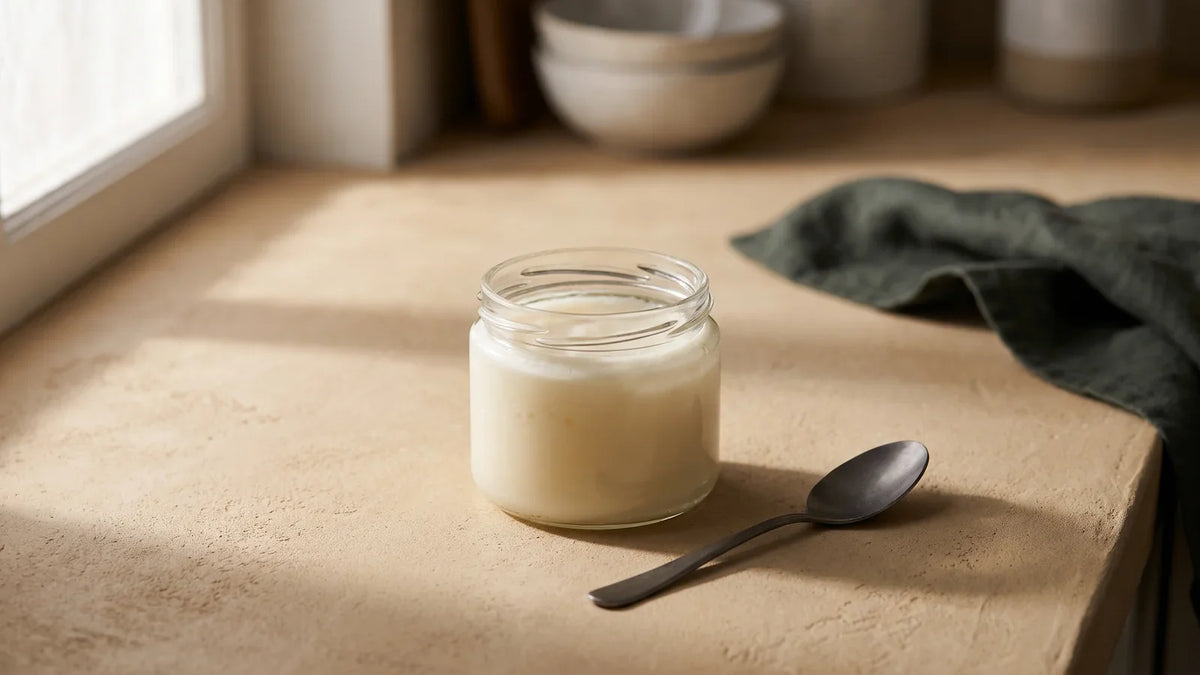 Pot en verre de matière grasse végétale semi-solide de couleur crème, avec une cuillère