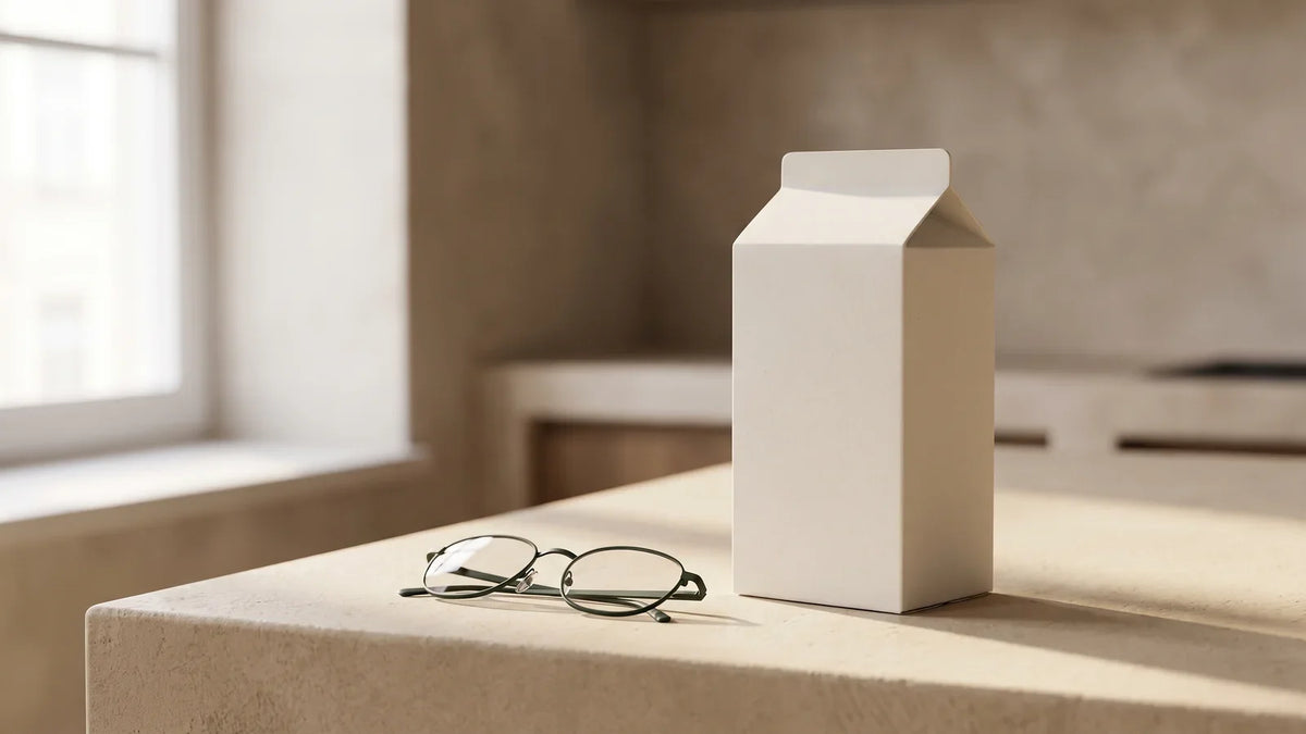 Emballage alimentaire en carton blanc sans aucune impression, à côté d'une paire de lunettes de lecture