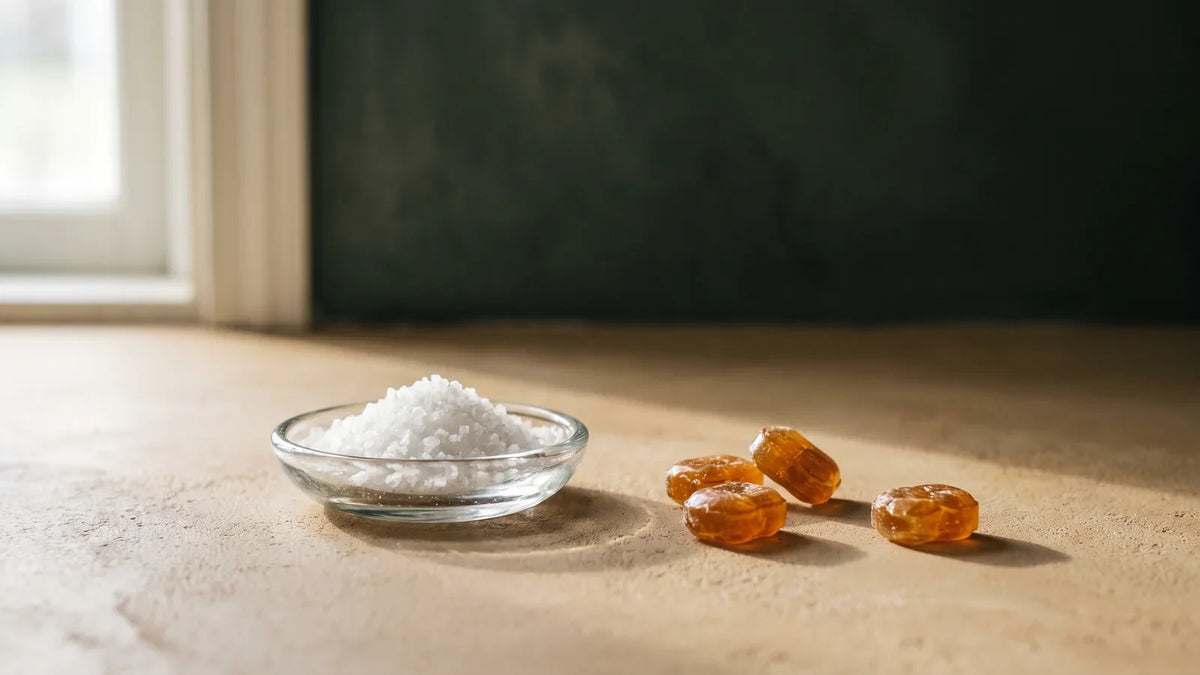 Coupelle de cristaux de maltitol posée à côté de bonbons sans sucres déballés