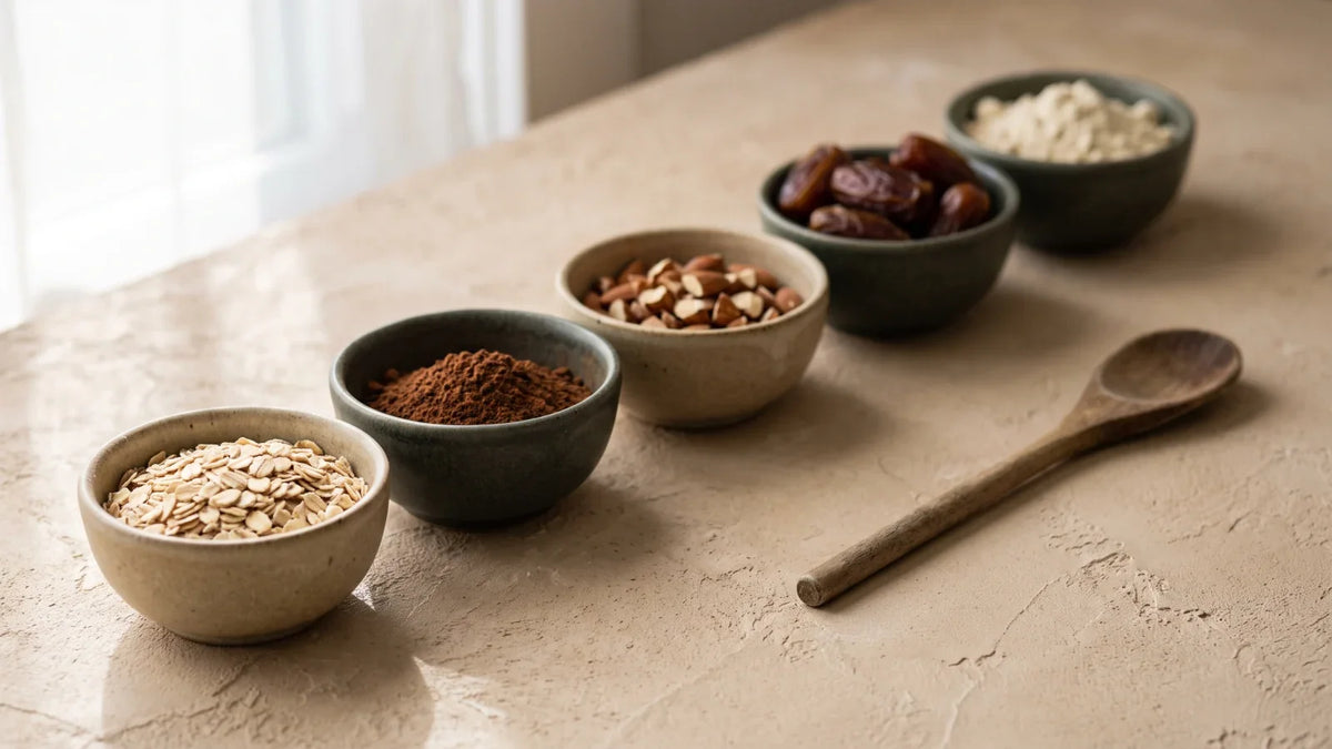 Cinq coupelles en grès alignées sur un plan de travail en plâtre sable, contenant des flocons d'avoine, du cacao en poudre, des amandes concassées, des dattes séchées et une poudre claire, avec une cuillère en bois posée à côté.