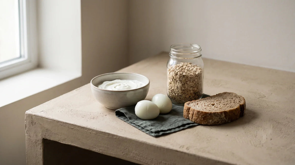 Un bol de fromage blanc, un bocal en verre rempli de flocons d'avoine, deux œufs durs écalés et une tranche de pain complet posés sur un plan de travail clair.