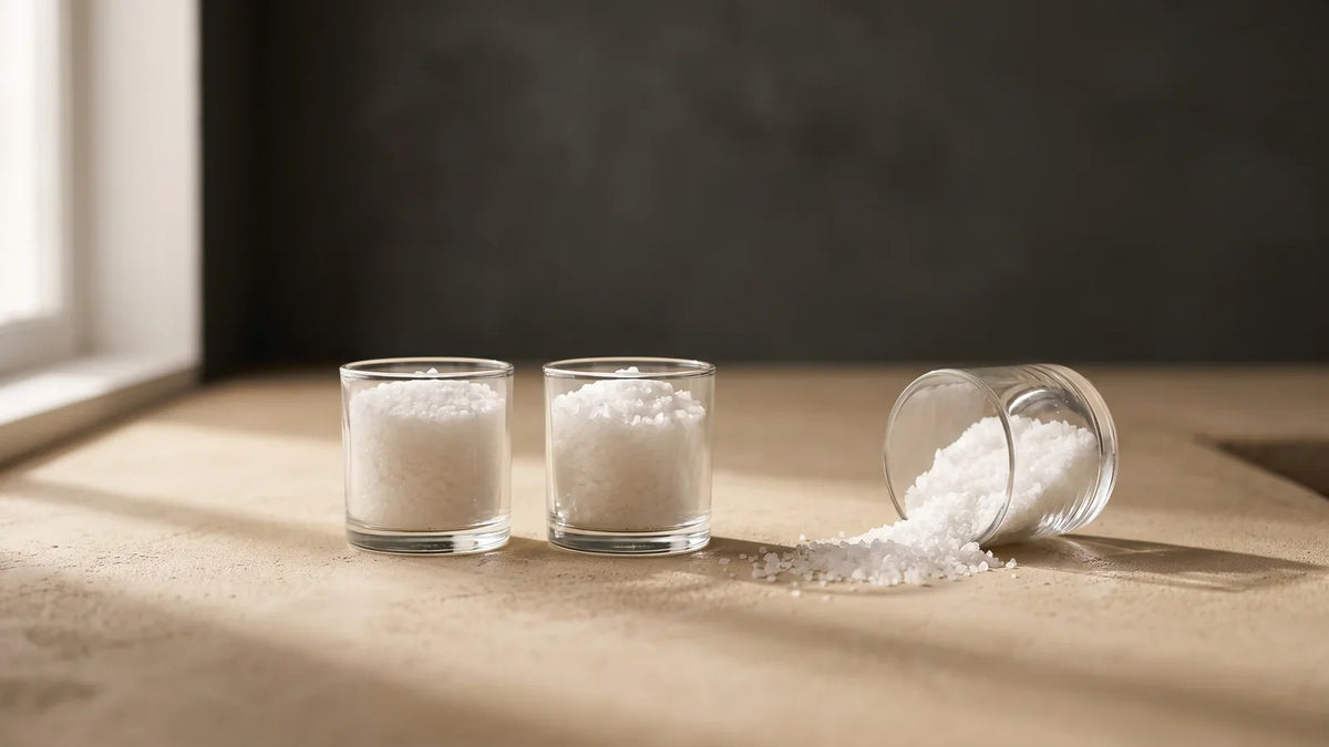 Une coupelle de polyols renversée, cristaux répandus sur le plan de travail