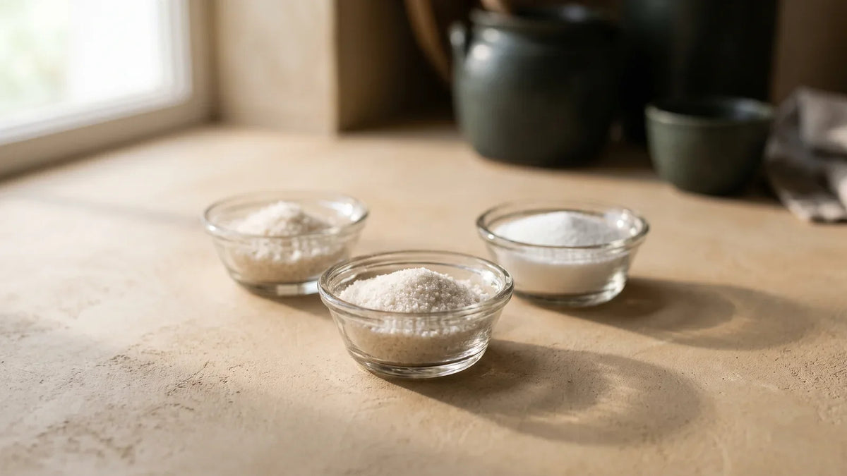 Trois coupelles en verre contenant des polyols de granulométrie différente, sur un plan de travail clair