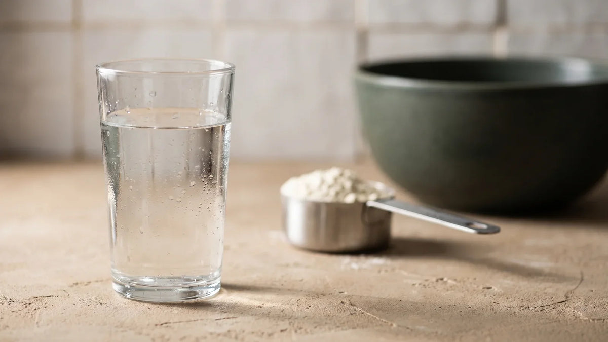 Verre d'eau au premier plan, cuillère doseuse de poudre protéinée en arrière-plan flou