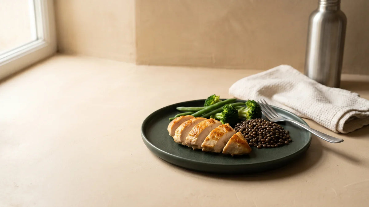 Assiette de filet de poulet tranché, lentilles vertes, haricots verts et brocoli, à côté d'une serviette pliée et d'une gourde