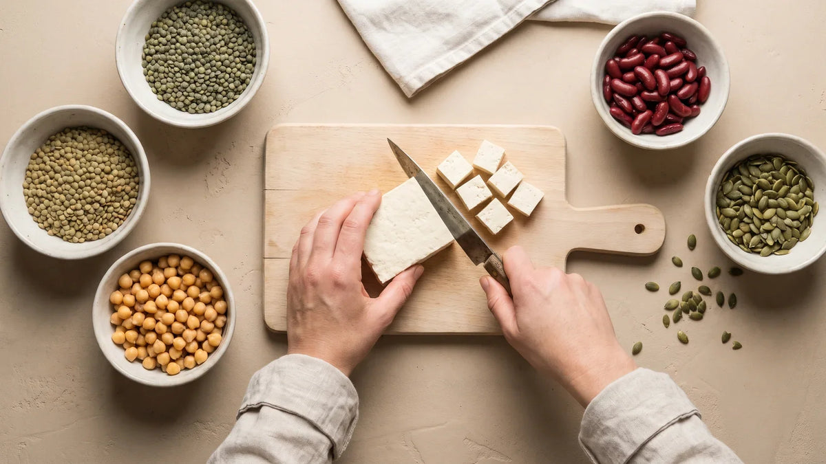 Mains coupant un bloc de tofu nature en cubes sur une planche, entre des bols de lentilles, de pois chiches, de haricots rouges et de graines de courge