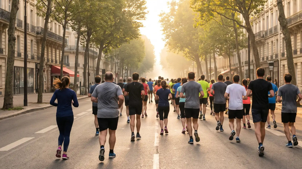 Coureurs amateurs vus de dos sur une avenue bordée de platanes et d'immeubles en pierre, le matin d'une course