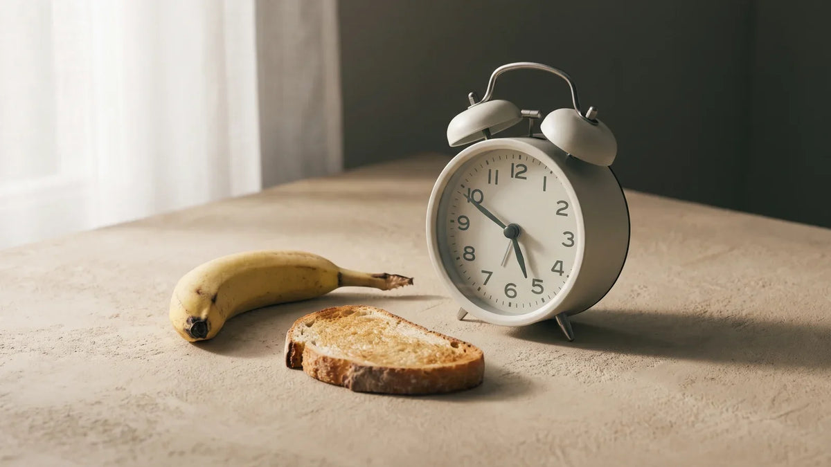 Un réveil analogique posé à côté d'une banane et d'une tranche de pain grillé, dans une lumière rasante de fin de nuit.
