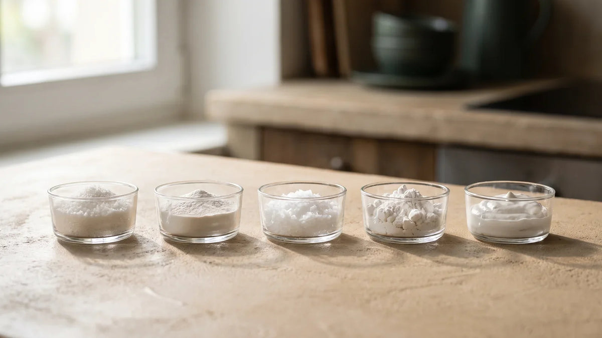 Cinq coupelles en verre alignées contenant des édulcorants en poudre de textures différentes