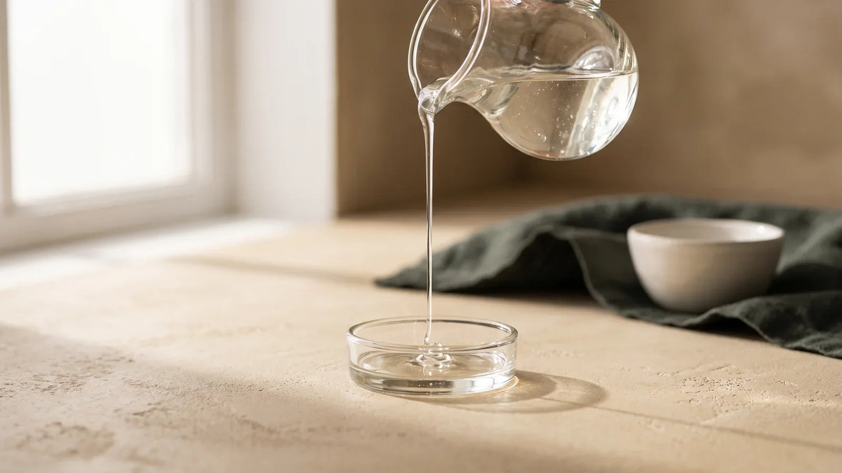 Sirop de glucose incolore versé en filet depuis un pichet en verre vers une coupelle
