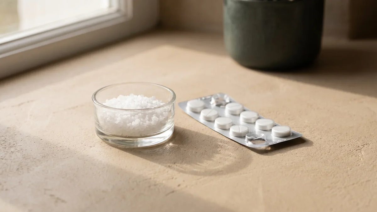 Coupelle de cristaux de sorbitol à côté d'une plaquette de comprimés entamée