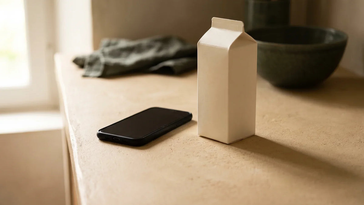 Téléphone posé sur un plan de travail à côté d'un emballage alimentaire vierge